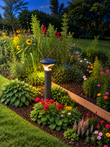 Solar bollard light showing illumination after dark