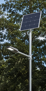 Dragon solar street light c/w small solar panel mounted on lamp post.