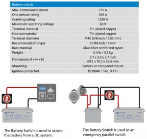 Victron 275A battery switch data sheet showing application